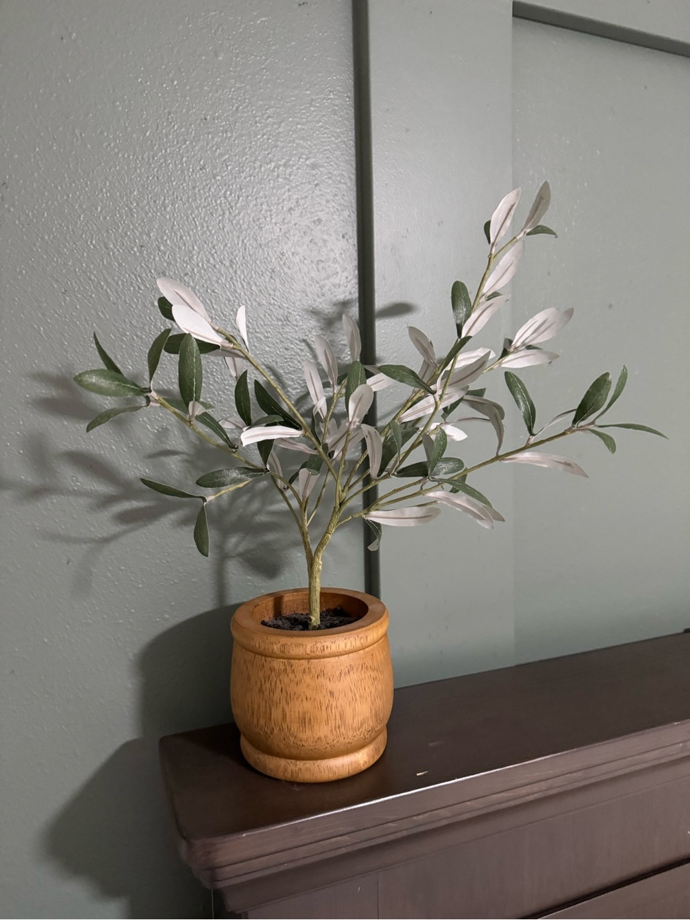 Faux Olive Branch in Wooden Pot - Green and Cream
